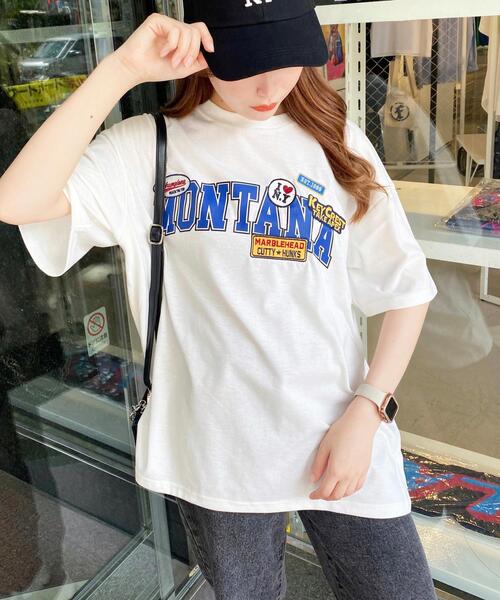 INGNI(イング)の「ワッペンカレッジロゴTシャツ(Tシャツ/カットソー・レディース・ネイビー/レッド/グリーン/ホワイト×グリーン/ホワイト×ブルー・M)」の3枚目の写真