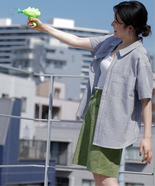 DOUBLE NAME（ダブルネーム）の「ウエスト釦ダイヤステッチひざ上丈スカート（スカート・レディース・カーキ/サックスブルー/キナリ・FREE）」の10枚目の写真