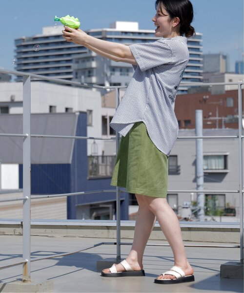 DOUBLE NAME（ダブルネーム）の「ウエスト釦ダイヤステッチひざ上丈スカート（スカート・レディース・カーキ/サックスブルー/キナリ・FREE）」の5枚目の写真