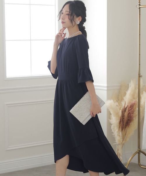 PourVous(プールヴー)の「イレギュラーヘムセレモニー 結婚式 パーティー ドレス オケージョン ミモレ丈&七分袖 フォーマル お呼ばれ 二次会 成人式 (ドレス・レディース・ベージュ/ネイビー/グレイッシュブルー・M/L)」の15枚目の写真
