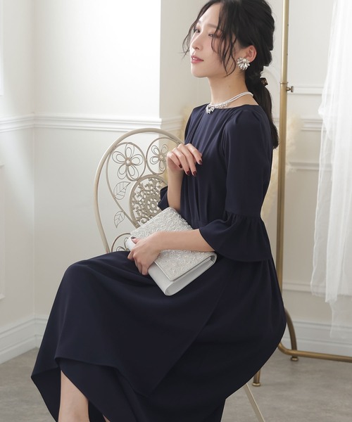 PourVous(プールヴー)の「イレギュラーヘムセレモニー 結婚式 パーティー ドレス オケージョン ミモレ丈&七分袖 フォーマル お呼ばれ 二次会 成人式 (ドレス・レディース・ベージュ/ネイビー/グレイッシュブルー・M/L)」の19枚目の写真