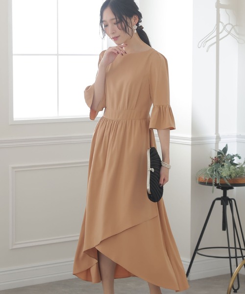 PourVous(プールヴー)の「イレギュラーヘムセレモニー 結婚式 パーティー ドレス オケージョン ミモレ丈&七分袖 フォーマル お呼ばれ 二次会 成人式 (ドレス・レディース・ベージュ/ネイビー/グレイッシュブルー・M/L)」の5枚目の写真