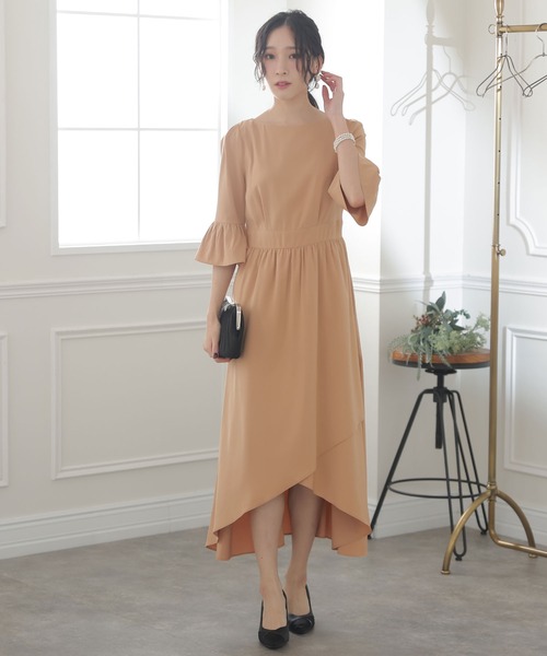 PourVous(プールヴー)の「イレギュラーヘムセレモニー 結婚式 パーティー ドレス オケージョン ミモレ丈&七分袖 フォーマル お呼ばれ 二次会 成人式 (ドレス・レディース・ベージュ/ネイビー/グレイッシュブルー・M/L)」の9枚目の写真