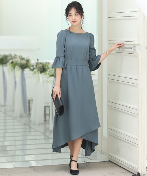 PourVous(プールヴー)の「イレギュラーヘムセレモニー 結婚式 パーティー ドレス オケージョン ミモレ丈&七分袖 フォーマル お呼ばれ 二次会 成人式 (ドレス・レディース・ベージュ/ネイビー/グレイッシュブルー・M/L)」の6枚目の写真
