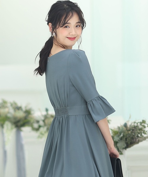 PourVous(プールヴー)の「イレギュラーヘムセレモニー 結婚式 パーティー ドレス オケージョン ミモレ丈&七分袖 フォーマル お呼ばれ 二次会 成人式 (ドレス・レディース・ベージュ/ネイビー/グレイッシュブルー・M/L)」の10枚目の写真
