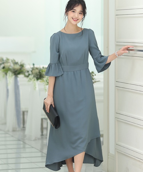 PourVous(プールヴー)の「イレギュラーヘムセレモニー 結婚式 パーティー ドレス オケージョン ミモレ丈&七分袖 フォーマル お呼ばれ 二次会 成人式 (ドレス・レディース・ベージュ/ネイビー/グレイッシュブルー・M/L)」の13枚目の写真