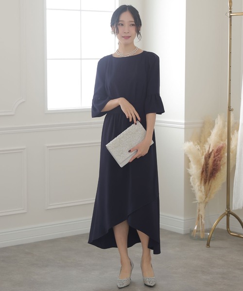 PourVous(プールヴー)の「イレギュラーヘムセレモニー 結婚式 パーティー ドレス オケージョン ミモレ丈&七分袖 フォーマル お呼ばれ 二次会 成人式 (ドレス・レディース・ベージュ/ネイビー/グレイッシュブルー・M/L)」の11枚目の写真