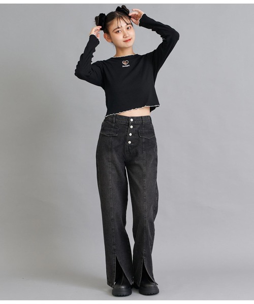 ANAP GiRL(アナップガール)の「ハートアキメローリブトップス(Tシャツ/カットソー・キッズ・ライトピンク/ブラック・XS/S/M)」の9枚目の写真