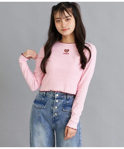 ANAP GiRL(アナップガール)の「ハートアキメローリブトップス(Tシャツ/カットソー・キッズ・ライトピンク/ブラック・XS/S/M)」の4枚目の写真