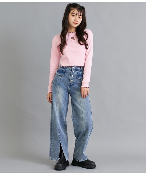 ANAP GiRL(アナップガール)の「ハートアキメローリブトップス(Tシャツ/カットソー・キッズ・ライトピンク/ブラック・XS/S/M)」の8枚目の写真