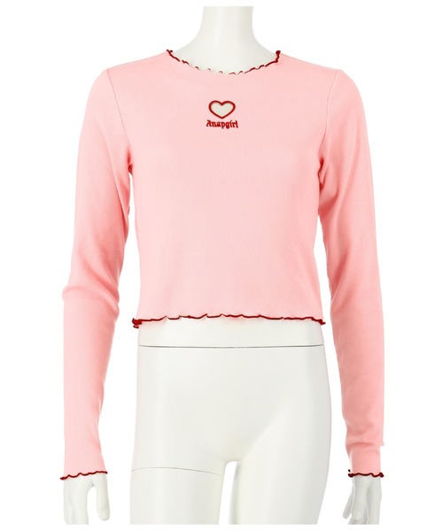 ANAP GiRL(アナップガール)の「ハートアキメローリブトップス(Tシャツ/カットソー・キッズ・ライトピンク/ブラック・XS/S/M)」の7枚目の写真