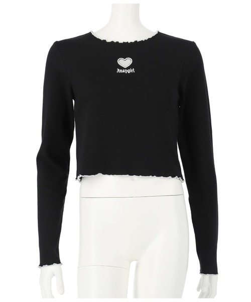 ANAP GiRL(アナップガール)の「ハートアキメローリブトップス(Tシャツ/カットソー・キッズ・ライトピンク/ブラック・XS/S/M)」の5枚目の写真