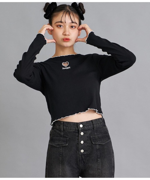 ANAP GiRL(アナップガール)の「ハートアキメローリブトップス(Tシャツ/カットソー・キッズ・ライトピンク/ブラック・XS/S/M)」の16枚目の写真