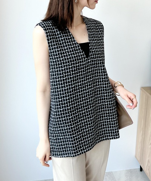 Futier land（フューティアランド）の「Vネックツイードベスト（ベスト・レディース・ホワイト/ブラック/ネイビー・FREE）」の5枚目の写真