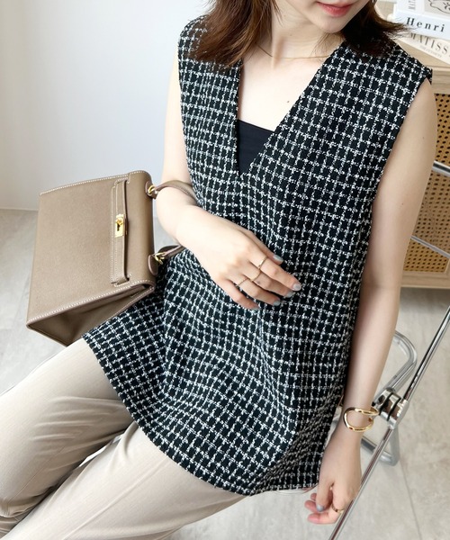 Futier land（フューティアランド）の「Vネックツイードベスト（ベスト・レディース・ホワイト/ブラック/ネイビー・FREE）」の16枚目の写真