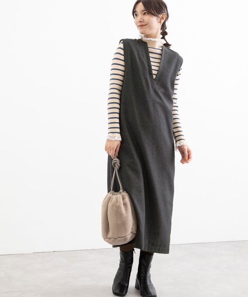 POU DOU DOU（プードゥドゥ）の「Vネックジャンスカ（ワンピース・レディース・ダークグリーン/ダークグレー・3）」の12枚目の写真