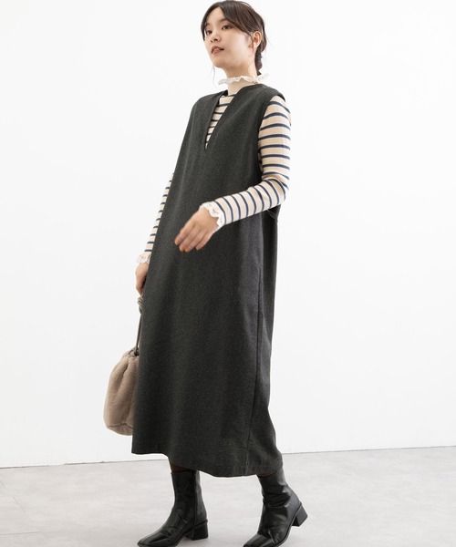 POU DOU DOU（プードゥドゥ）の「Vネックジャンスカ（ワンピース・レディース・ダークグリーン/ダークグレー・3）」の15枚目の写真