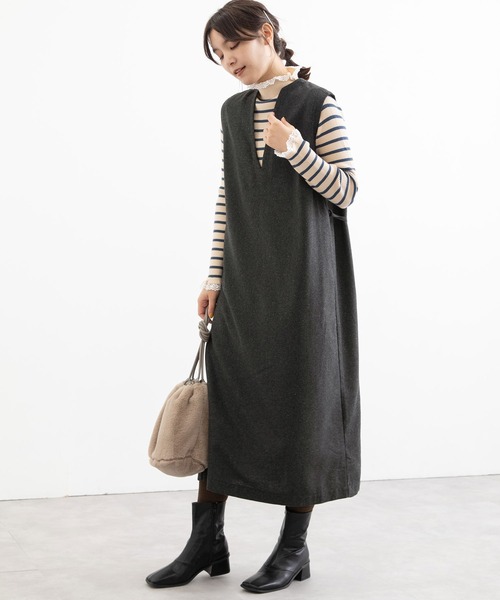 POU DOU DOU（プードゥドゥ）の「Vネックジャンスカ（ワンピース・レディース・ダークグリーン/ダークグレー・3）」の4枚目の写真