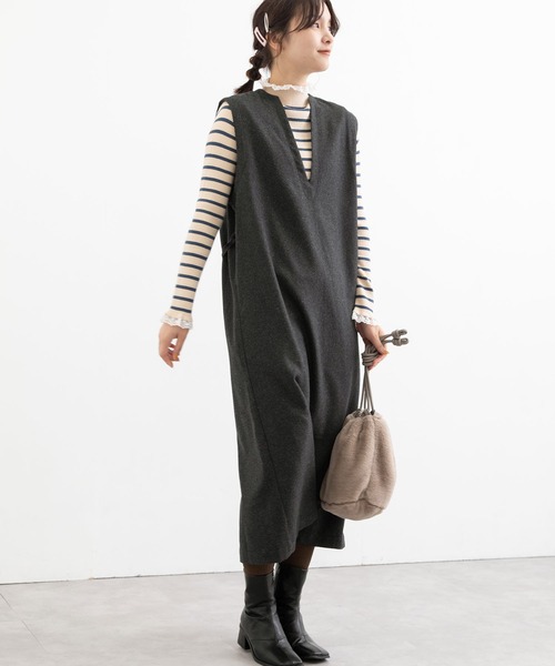 POU DOU DOU（プードゥドゥ）の「Vネックジャンスカ（ワンピース・レディース・ダークグリーン/ダークグレー・3）」の17枚目の写真