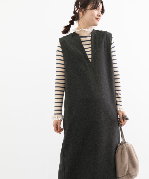 POU DOU DOU（プードゥドゥ）の「Vネックジャンスカ（ワンピース・レディース・ダークグリーン/ダークグレー・3）」の8枚目の写真