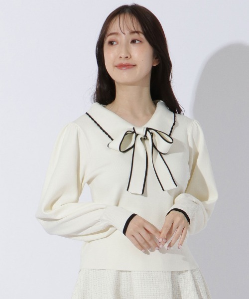 WILLSELECTION（ウィルセレクション）の「配色ビック衿ニット（ニット/セーター・レディース・ブラック/オフホワイト/ラベンダー・MEDIUM）」の2枚目の写真