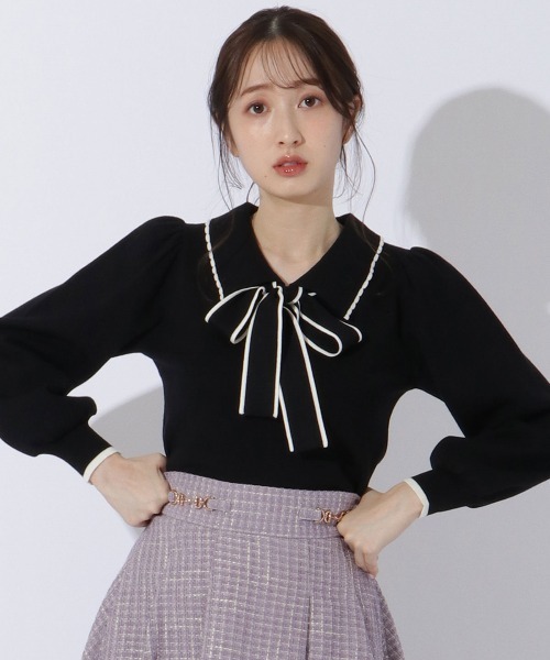 WILLSELECTION（ウィルセレクション）の「配色ビック衿ニット（ニット/セーター・レディース・ブラック/オフホワイト/ラベンダー・MEDIUM）」の3枚目の写真