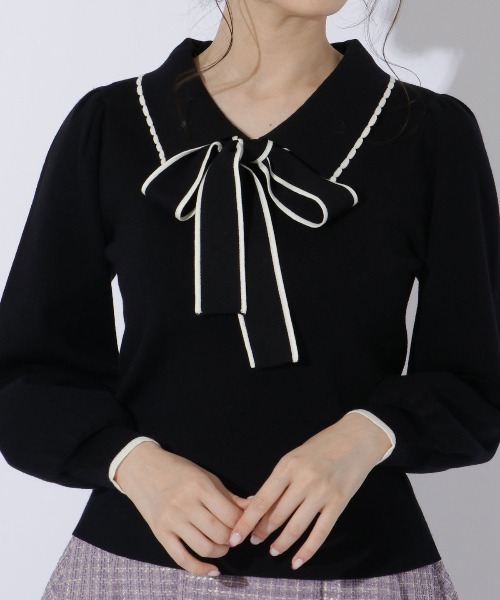 WILLSELECTION（ウィルセレクション）の「配色ビック衿ニット（ニット/セーター・レディース・ブラック/オフホワイト/ラベンダー・MEDIUM）」の4枚目の写真