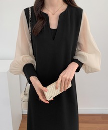 ABITOKYO（アビトーキョー）の「異素材シアースリーブスキッパネックスリットワンピース（ワンピース・ベージュ系）」