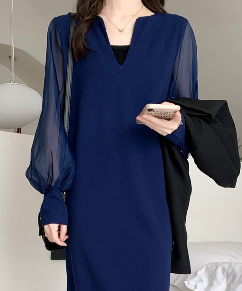 異素材シアースリーブスキッパネックスリットワンピース