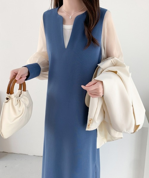 ABITOKYO(アビトーキョー)の「異素材シアースリーブスキッパネックスリットワンピース(ワンピース・レディース・グレー/ベージュ/ブラック/ダークベージュ/グリーン/ネイビー/ライトグレー/ブルー/チャコールグレー・M/L)」の9枚目の写真