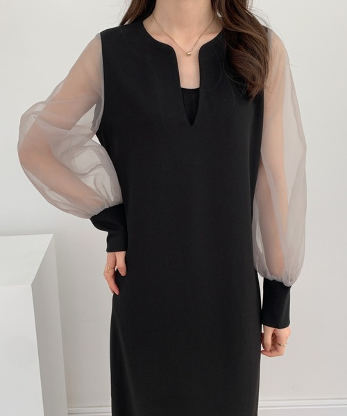 異素材シアースリーブスキッパネックスリットワンピース