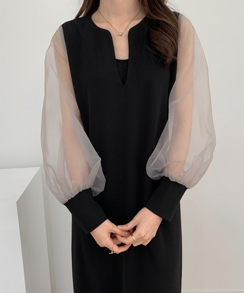 セール】異素材シアースリーブスキッパネックスリットワンピース