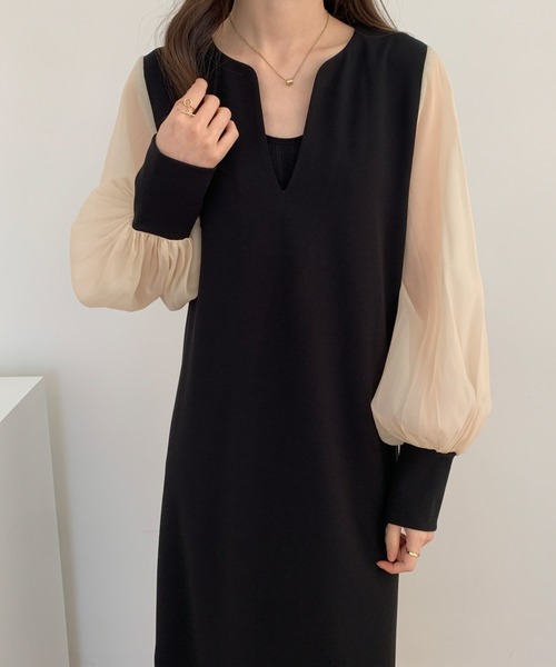 異素材シアースリーブスキッパネックスリットワンピース