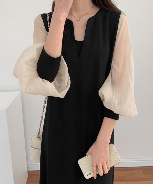 ABITOKYO(アビトーキョー)の「異素材シアースリーブスキッパネックスリットワンピース(ワンピース・レディース・グレー/ベージュ/ブラック/ダークベージュ/グリーン/ネイビー/ライトグレー/ブルー/チャコールグレー・M/L)」の13枚目の写真