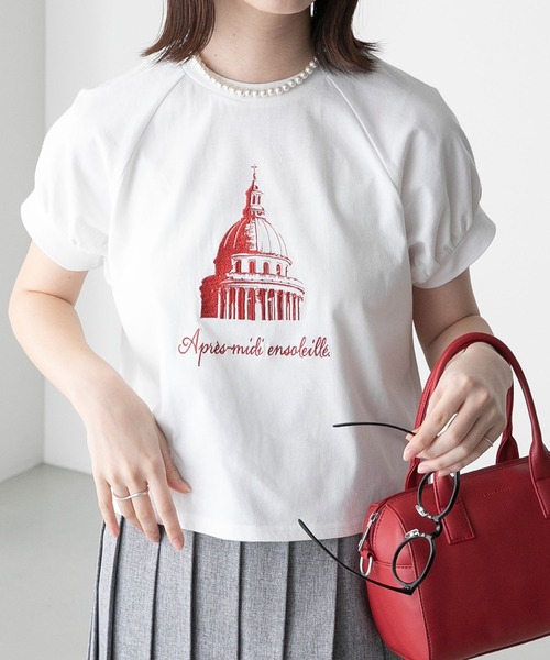 BONLECILL(ボンルシール)の「フレンチモチーフ刺繍 クロップド パフスリーブ半袖Tシャツ(Tシャツ/カットソー・レディース・モスグリーン/オートミール/チャコールグレー/オフホワイト・FREE)」の1枚目の写真