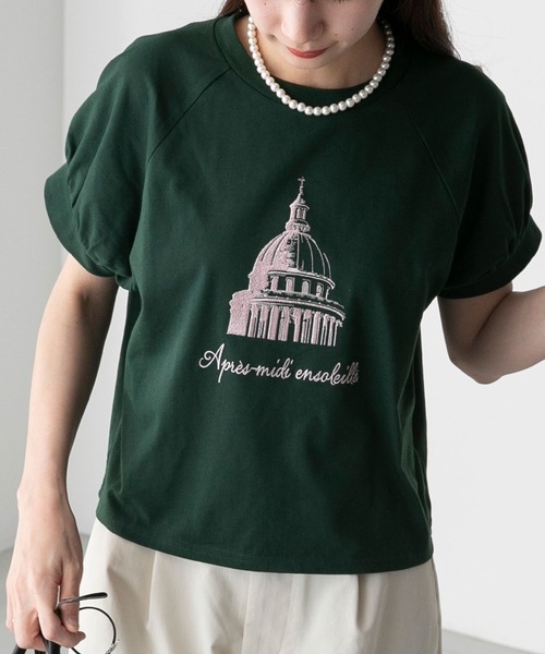 BONLECILL(ボンルシール)の「フレンチモチーフ刺繍 クロップド パフスリーブ半袖Tシャツ(Tシャツ/カットソー・レディース・モスグリーン/オートミール/チャコールグレー/オフホワイト・FREE)」の4枚目の写真