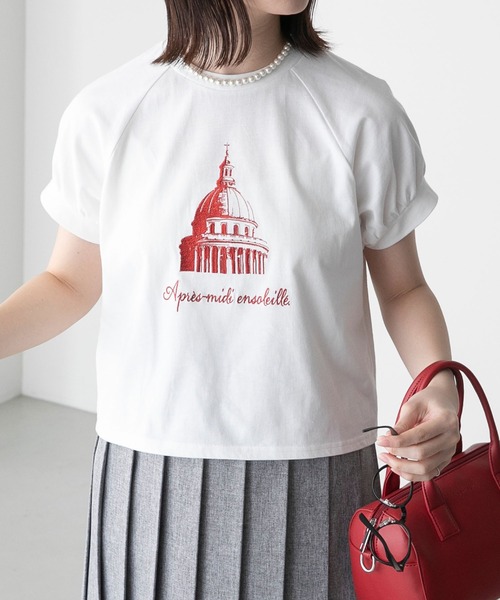 BONLECILL(ボンルシール)の「フレンチモチーフ刺繍 クロップド パフスリーブ半袖Tシャツ(Tシャツ/カットソー・レディース・モスグリーン/オートミール/チャコールグレー/オフホワイト・FREE)」の12枚目の写真