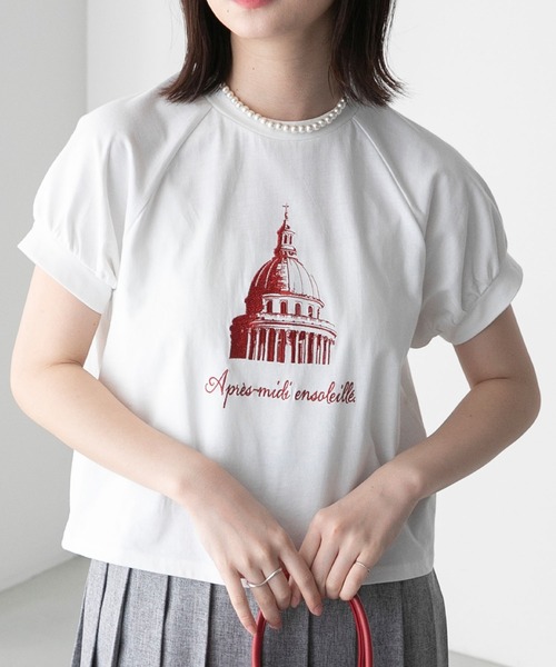 BONLECILL(ボンルシール)の「フレンチモチーフ刺繍 クロップド パフスリーブ半袖Tシャツ(Tシャツ/カットソー・レディース・モスグリーン/オートミール/チャコールグレー/オフホワイト・FREE)」の11枚目の写真