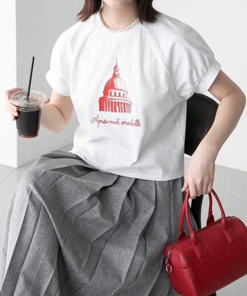 BONLECILL(ボンルシール)の「フレンチモチーフ刺繍 クロップド パフスリーブ半袖Tシャツ(Tシャツ/カットソー・レディース・モスグリーン/オートミール/チャコールグレー/オフホワイト・FREE)」の17枚目の写真