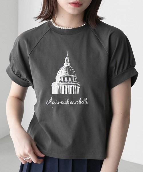 BONLECILL(ボンルシール)の「フレンチモチーフ刺繍 クロップド パフスリーブ半袖Tシャツ(Tシャツ/カットソー・レディース・モスグリーン/オートミール/チャコールグレー/オフホワイト・FREE)」の18枚目の写真