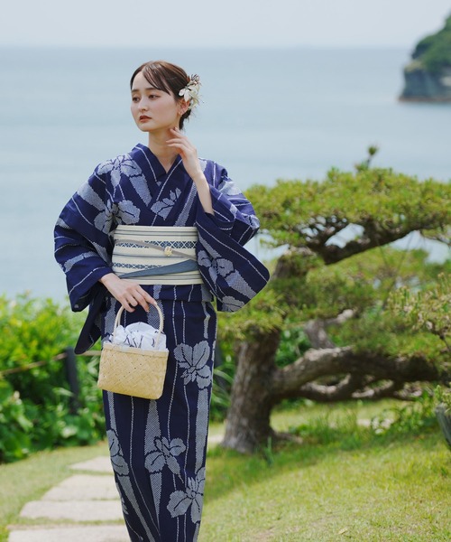 手染め注染浴衣3点セット utatane×注染工房 赤坂紬 紺色に古典
