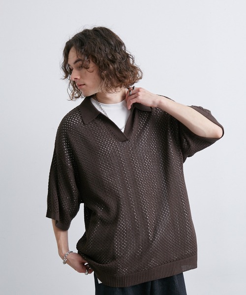 JUNRED(ジュンレッド)の「メッシュニットハーフスリーブプルオーバー(Tシャツ/カットソー・メンズ・ブラック/ダークブラウン/グレー・S/M/L)」の3枚目の写真