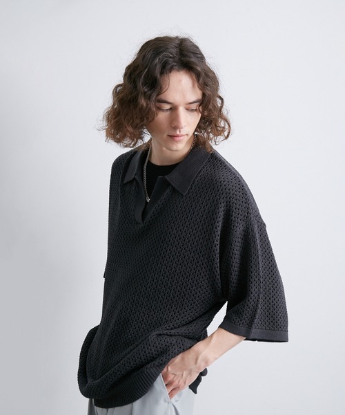 JUNRED(ジュンレッド)の「メッシュニットハーフスリーブプルオーバー(Tシャツ/カットソー・メンズ・ブラック/ダークブラウン/グレー・S/M/L)」の17枚目の写真