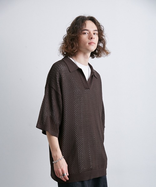 JUNRED(ジュンレッド)の「メッシュニットハーフスリーブプルオーバー(Tシャツ/カットソー・メンズ・ブラック/ダークブラウン/グレー・S/M/L)」の8枚目の写真