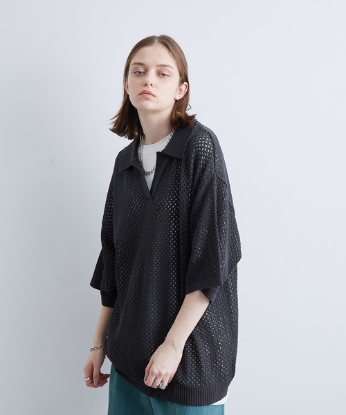 JUNRED(ジュンレッド)の「メッシュニットハーフスリーブプルオーバー(Tシャツ/カットソー・メンズ・ブラック/ダークブラウン/グレー・S/M/L)」の9枚目の写真