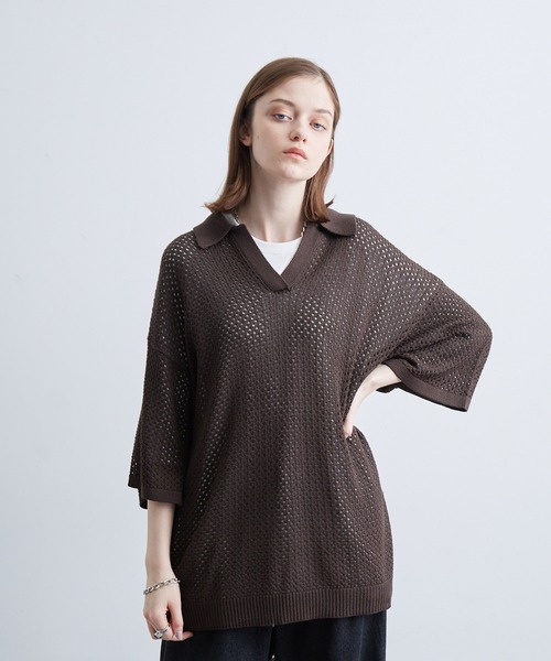 JUNRED(ジュンレッド)の「メッシュニットハーフスリーブプルオーバー(Tシャツ/カットソー・メンズ・ブラック/ダークブラウン/グレー・S/M/L)」の12枚目の写真