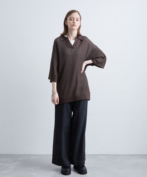 JUNRED(ジュンレッド)の「メッシュニットハーフスリーブプルオーバー(Tシャツ/カットソー・メンズ・ブラック/ダークブラウン/グレー・S/M/L)」の16枚目の写真