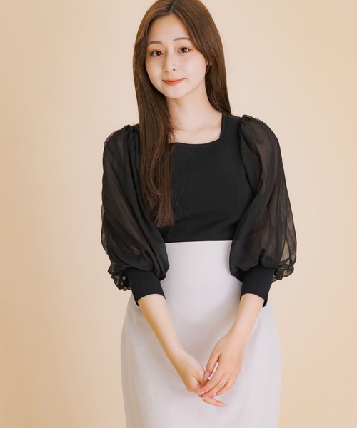 HEYUMM（ヘユム）の「シアーボリュームスリーブセーター(5分袖)（ニット/セーター・レディース・ブラック/アイボリー/ライトピンク/ベージュ・ONE）」の3枚目の写真