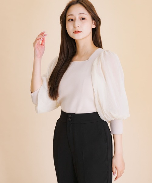 HEYUMM（ヘユム）の「シアーボリュームスリーブセーター(5分袖)（ニット/セーター・レディース・ブラック/アイボリー/ライトピンク/ベージュ・ONE）」の6枚目の写真