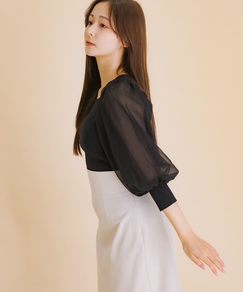 HEYUMM（ヘユム）の「シアーボリュームスリーブセーター(5分袖)（ニット/セーター・レディース・ブラック/アイボリー/ライトピンク/ベージュ・ONE）」の15枚目の写真